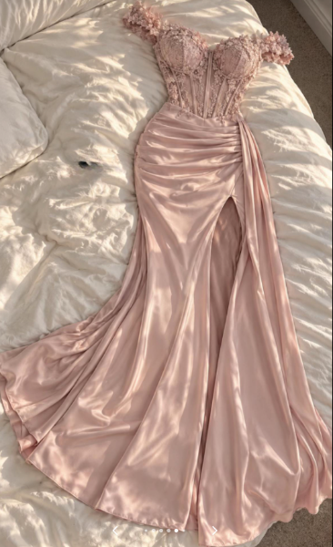 Pretty Off-shoulder Sheath Satin Long Evening Dress Pink Prom Dress ED11750