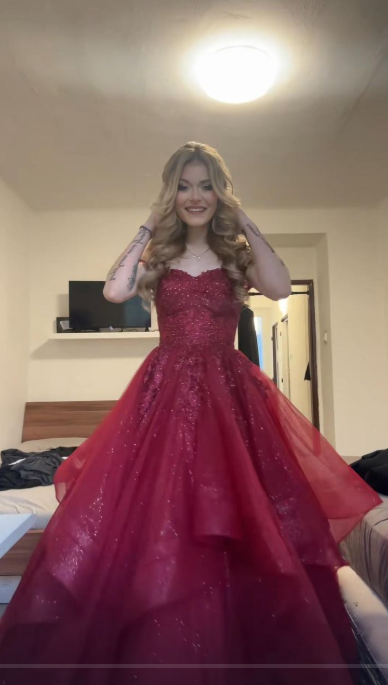 Gorgeous Straps A-line Tulle Long Evening Dress Burgundy Prom Dress ED11754