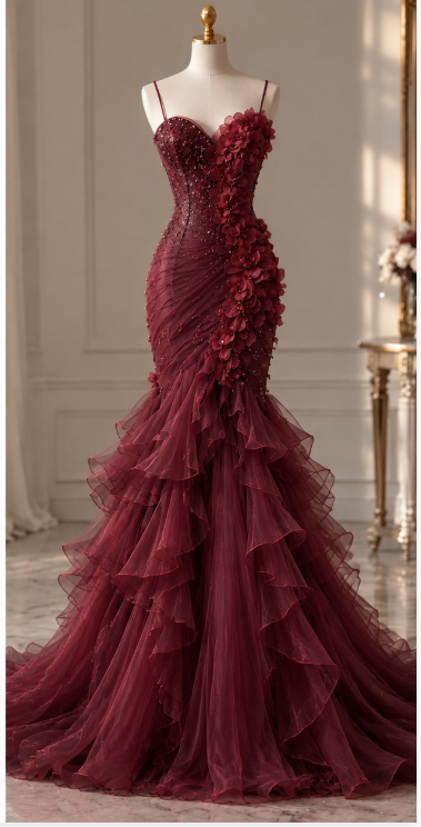 Chic Straps Mermaid Tulle Long Evening Dress Burgundy Prom Dress ED11762