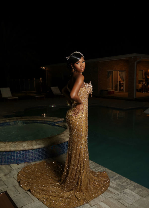 Chic One-shoulder Sheath Chiffon Beaded Long Evening Dress Gold Prom Dress ED11766