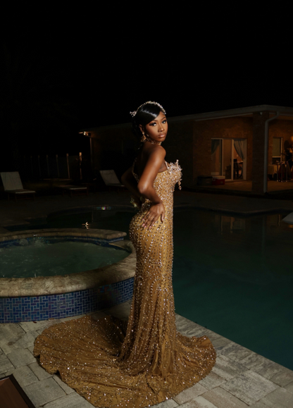 Chic One-shoulder Sheath Chiffon Beaded Long Evening Dress Gold Prom Dress ED11766
