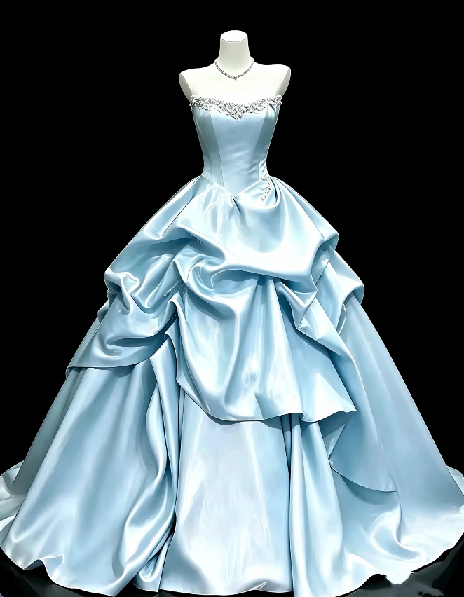 Chic Strapless A-Line Satin Long Evening Dress Blue Prom Dress ED11773