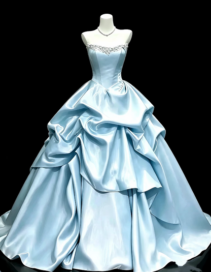 Chic Strapless A-Line Satin Long Evening Dress Blue Prom Dress ED11773