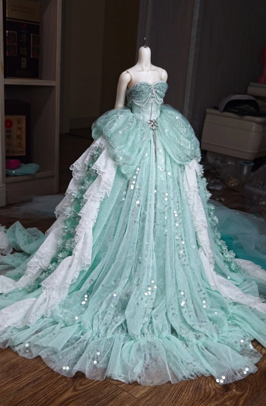 Glam A-Line Tulle Long Evening Dress Mint Green Prom Dress ED11774