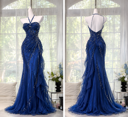 Vintage-Abendkleid aus Chiffon mit figurbetontem Schnitt und Perlenverzierung, lang, blaues Ballkleid ED11776