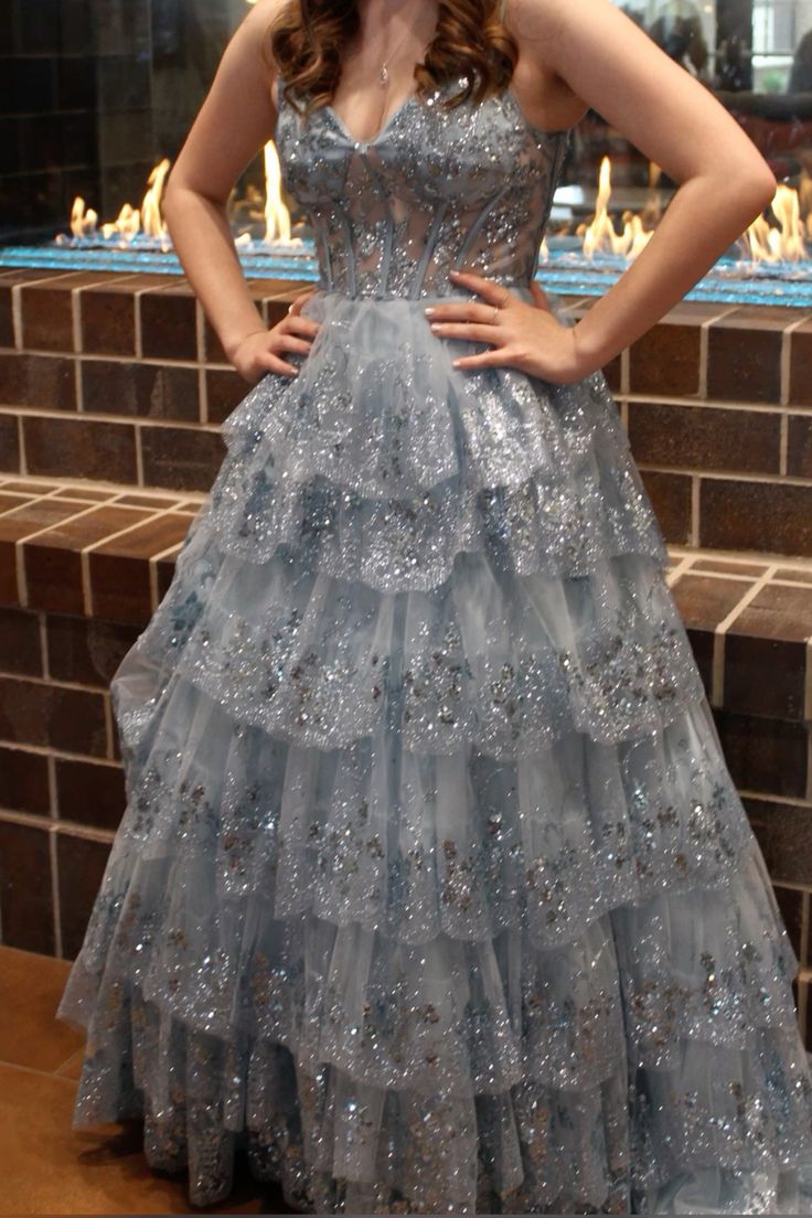 Fairy A-Line Tulle Sequins Long Evening Dress Pale Blue Prom Dress ED11778