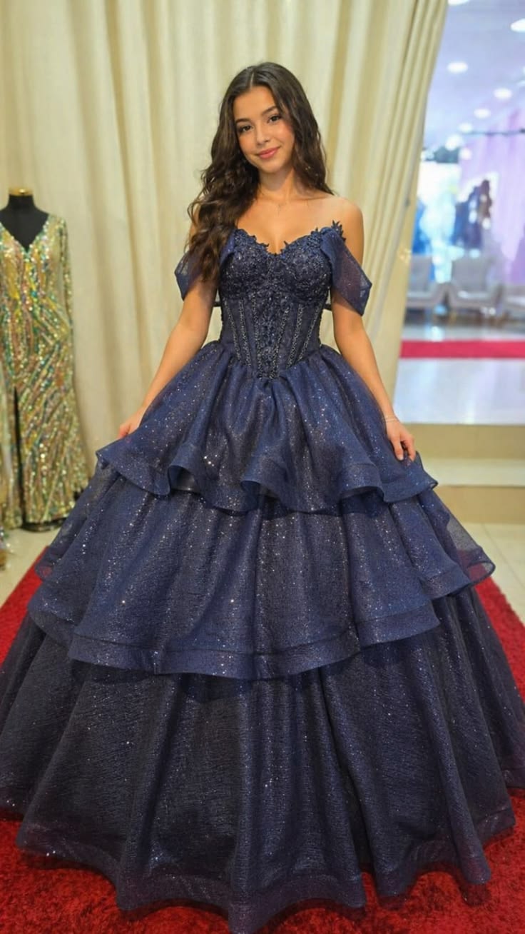 Märchenhaftes A-Linien-Tüllkleid für den Sweet 16, glitzerndes langes Abendkleid, marineblaues Abschlussballkleid ED11779