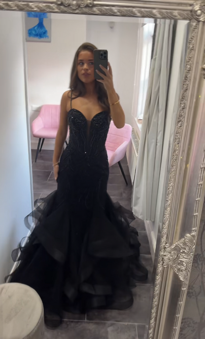 Robe de soirée longue en tulle chic style sirène, robe de bal noire ED11780