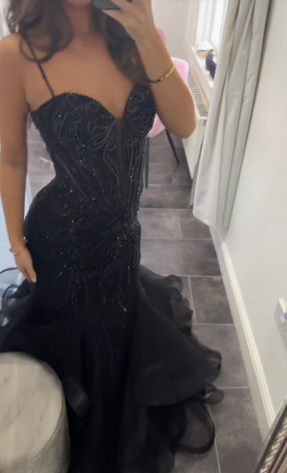 Robe de soirée longue en tulle chic style sirène, robe de bal noire ED11780