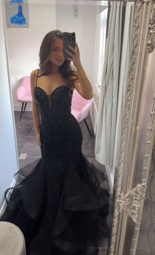 Robe de soirée longue en tulle chic style sirène, robe de bal noire ED11780