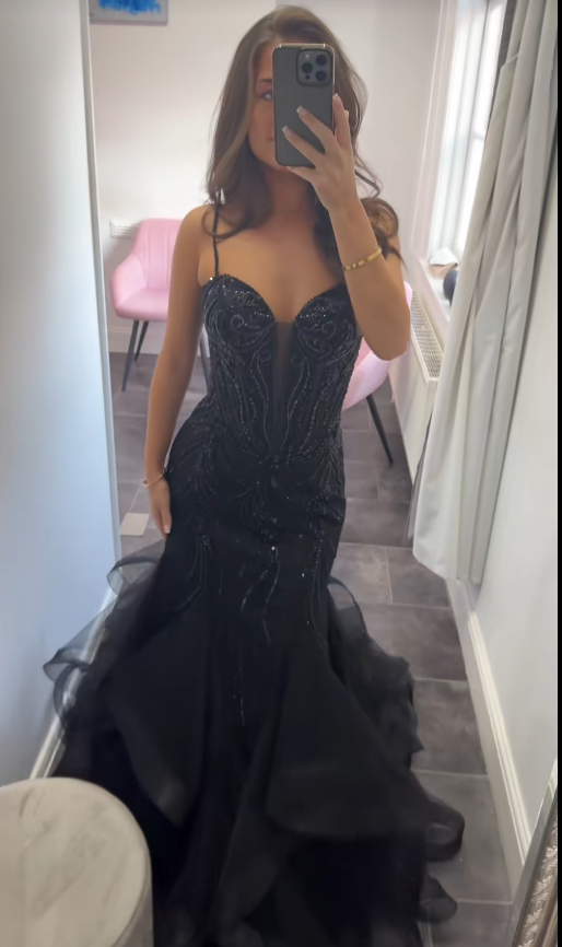 Robe de soirée longue en tulle chic style sirène, robe de bal noire ED11780
