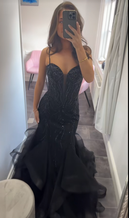 Robe de soirée longue en tulle chic style sirène, robe de bal noire ED11780