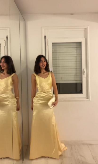 Simple Straps Sheath Satin Long Evening Dress Yellow Prom Dress ED11788