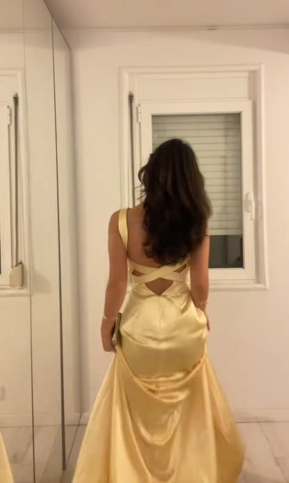Simple Straps Sheath Satin Long Evening Dress Yellow Prom Dress ED11788