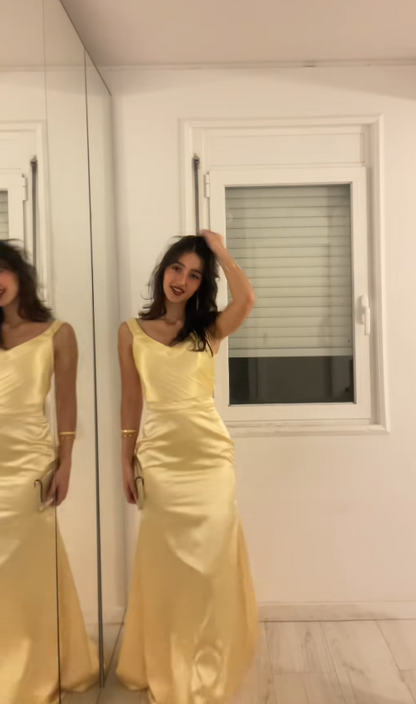 Simple Straps Sheath Satin Long Evening Dress Yellow Prom Dress ED11788