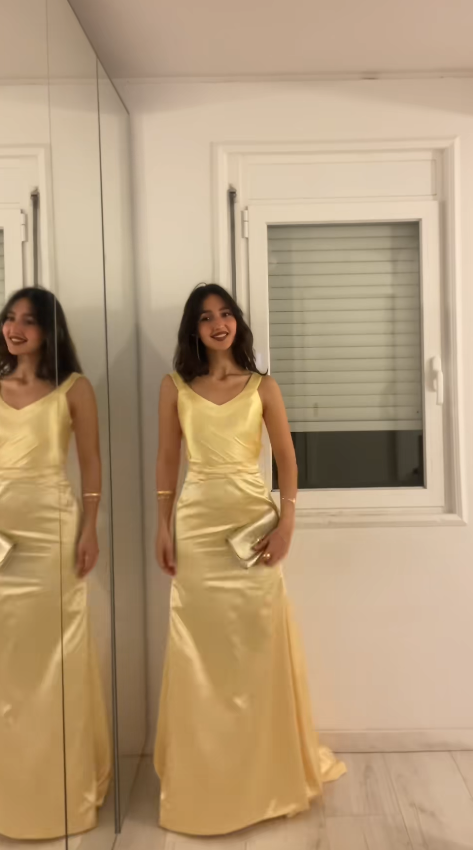 Simple Straps Sheath Satin Long Evening Dress Yellow Prom Dress ED11788