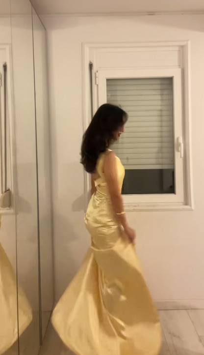 Simple Straps Sheath Satin Long Evening Dress Yellow Prom Dress ED11788