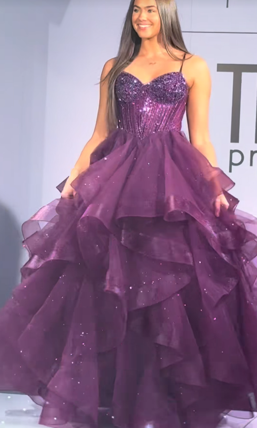 Robe de soirée longue trapèze en tulle à bretelles élégantes, robe de bal violette ED11799