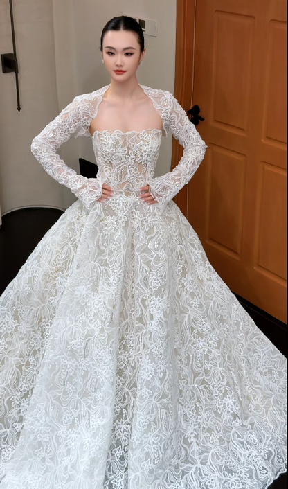 Elegant Strapless Bridal Dress A-Line Lace Beaded Wedding Dress White Bridal Gown ED11806