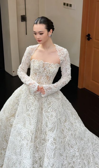 Elegant Strapless Bridal Dress A-Line Lace Beaded Wedding Dress White Bridal Gown ED11806