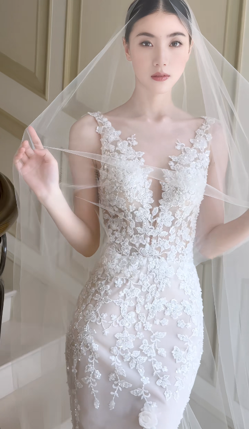 Robe de mariée fourreau intemporelle à col en V en dentelle perlée, blanche ED11812