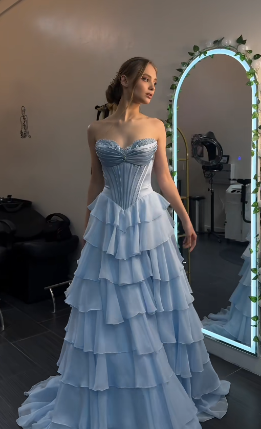 Magnifique robe de bal bleu ciel à volants, coupe trapèze, longue robe de soirée en mousseline de soie ED11813