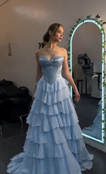 Magnifique robe de bal bleu ciel à volants, coupe trapèze, longue robe de soirée en mousseline de soie ED11813