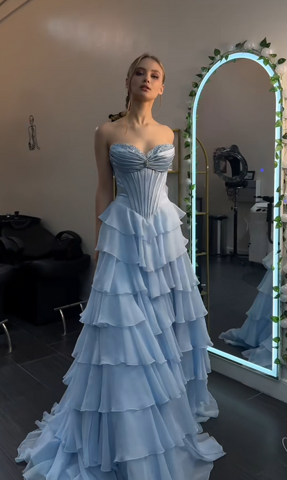 Magnifique robe de bal bleu ciel à volants, coupe trapèze, longue robe de soirée en mousseline de soie ED11813