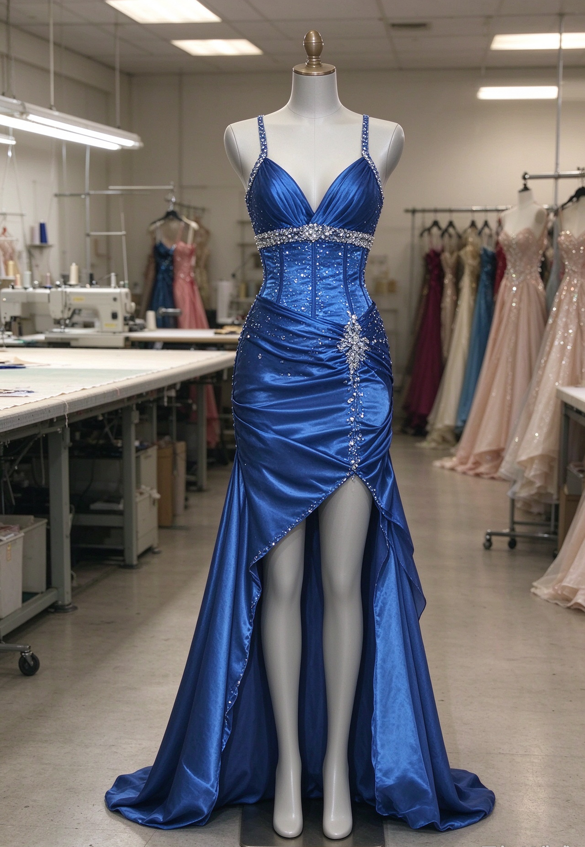 Robe de bal chic bleue, coupe fourreau, en satin, longue robe de soirée ED11816