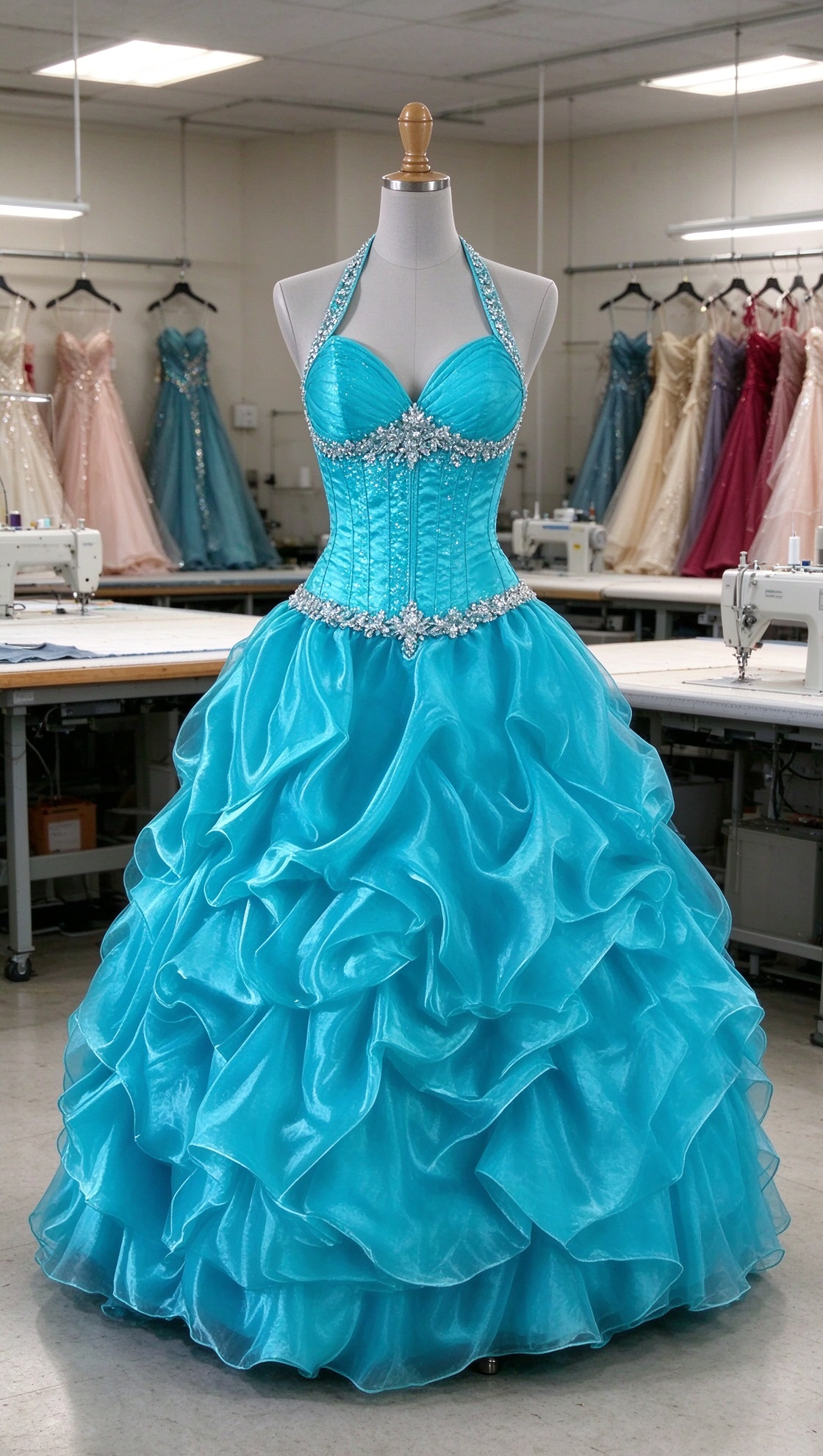 Robe de bal chic turquoise, coupe trapèze, longue en satin – ED11817