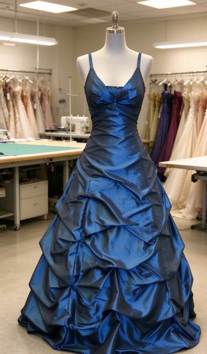 Schickes marineblaues A-Linien-Abendkleid aus Satin mit Trägern, langes Ballkleid ED11818