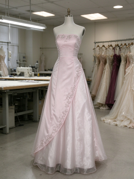 Robe de bal rose chic, bustier, coupe trapèze, longue en tulle pour soirée ED11820