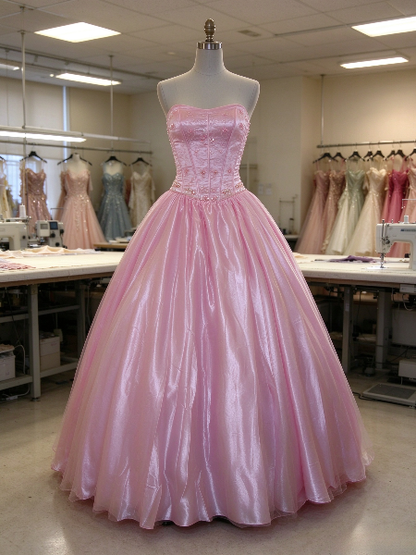Robe de bal rose chic, bustier, coupe trapèze, longue en tulle pour soirée ED11821