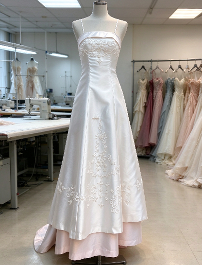 Robe de bal blanche chic à fines bretelles, coupe trapèze, en satin, longue robe de soirée ED11822