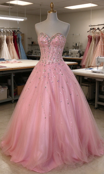 Wunderschönes rosa, trägerloses A-Linien-Abendkleid aus Tüll, langes Ballkleid ED11824