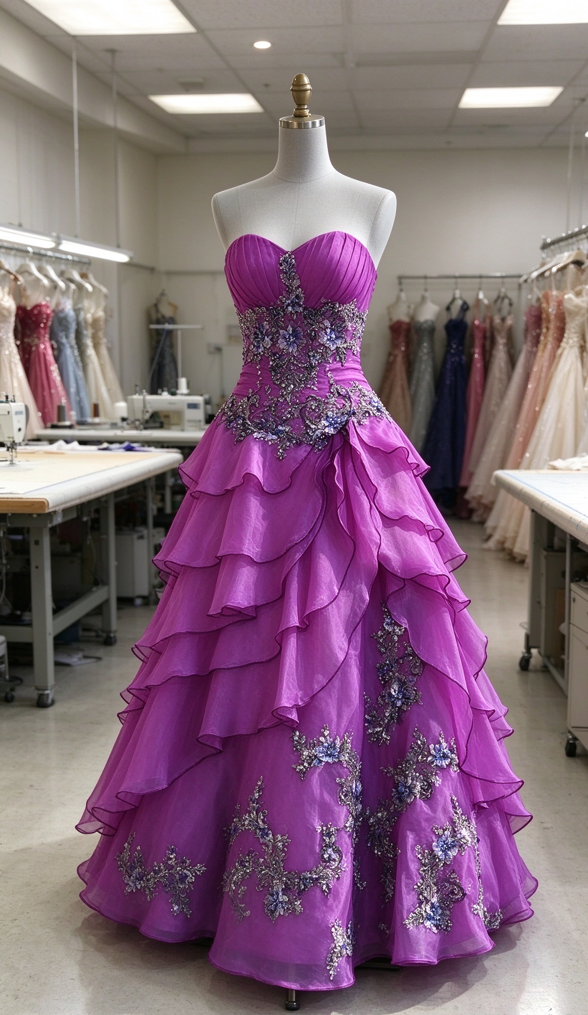 Magnifique robe de bal violette bustier, coupe trapèze, longue et en mousseline de soie, ED11825