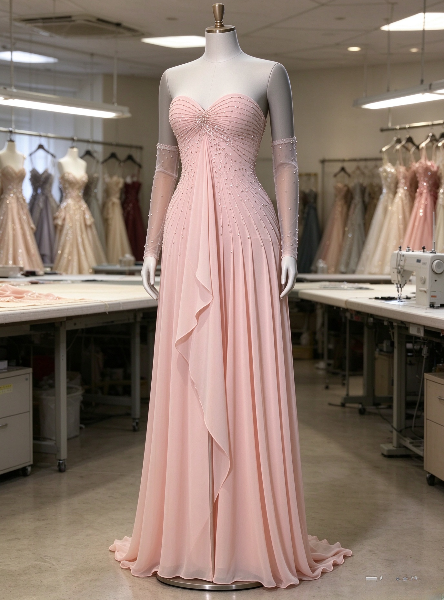 Wunderschönes rosa Abendkleid aus Chiffon mit herzförmigem Ausschnitt und schmaler Silhouette ED11826