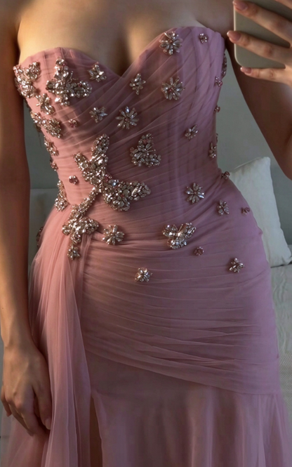 Magnifique robe de bal rose, longue et fourreau en mousseline, bustier sans bretelles ED11828