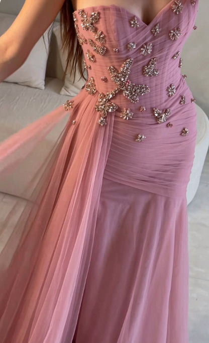 Magnifique robe de bal rose, longue et fourreau en mousseline, bustier sans bretelles ED11828
