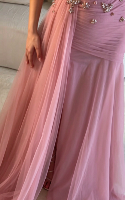Magnifique robe de bal rose, longue et fourreau en mousseline, bustier sans bretelles ED11828
