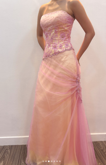 Magnifique robe de bal rose à bretelles, coupe fourreau, longue et en tulle — robe de soirée ED11829