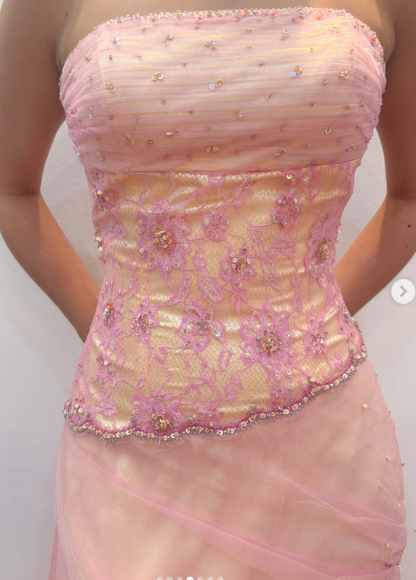 Magnifique robe de bal rose à bretelles, coupe fourreau, longue et en tulle — robe de soirée ED11829