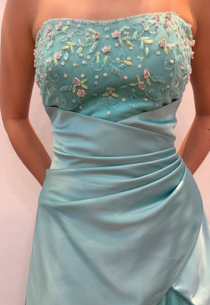 Magnifique robe de bal longue en satin turquoise à perles, bustier et coupe fourreau, robe de soirée ED11832