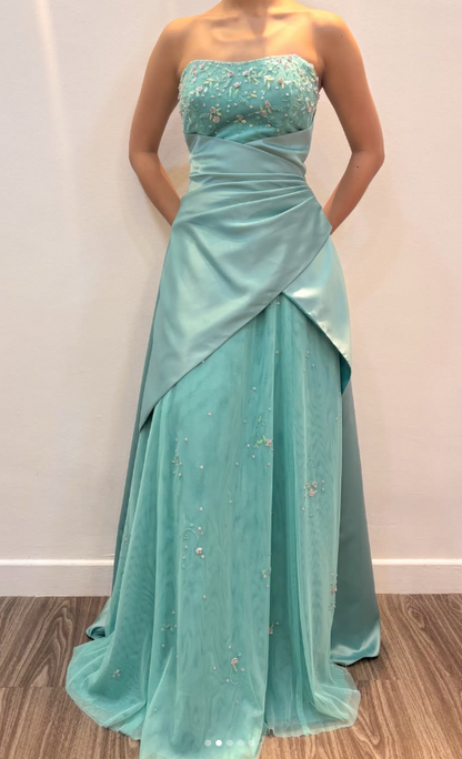 Magnifique robe de bal longue en satin turquoise à perles, bustier et coupe fourreau, robe de soirée ED11832