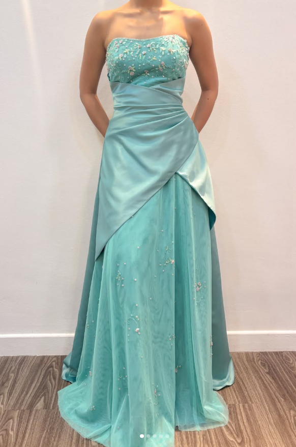 Magnifique robe de bal longue en satin turquoise à perles, bustier et coupe fourreau, robe de soirée ED11832