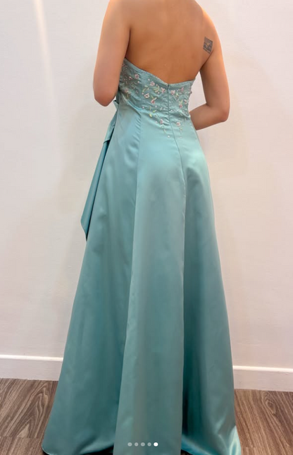 Magnifique robe de bal longue en satin turquoise à perles, bustier et coupe fourreau, robe de soirée ED11832