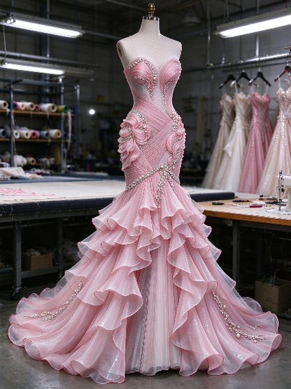 Wunderschönes rosa Ballkleid mit herzförmigem Ausschnitt, Meerjungfrau-Schnitt und Chiffon, langes Abendkleid ED11833