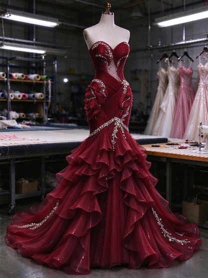 Wunderschönes rosa Ballkleid mit herzförmigem Ausschnitt, Meerjungfrau-Schnitt und Chiffon, langes Abendkleid ED11833