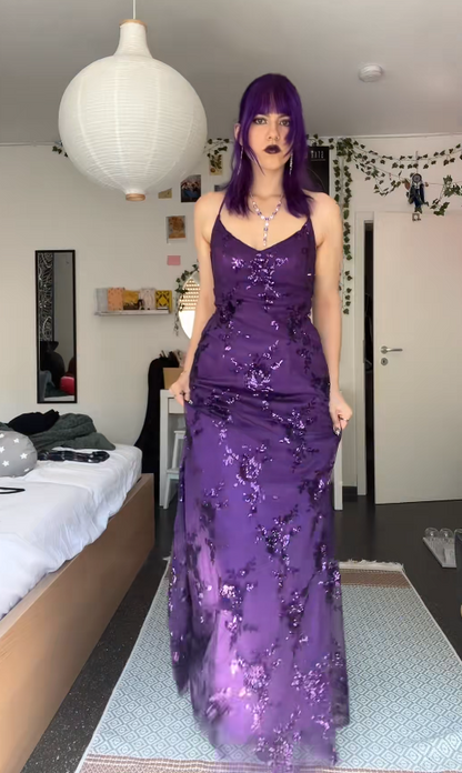 Robe de bal violette à sequins féeriques, longue robe de soirée en tulle à coupe fourreau ED11840