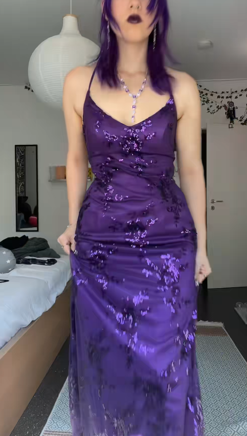 Robe de bal violette à sequins féeriques, longue robe de soirée en tulle à coupe fourreau ED11840